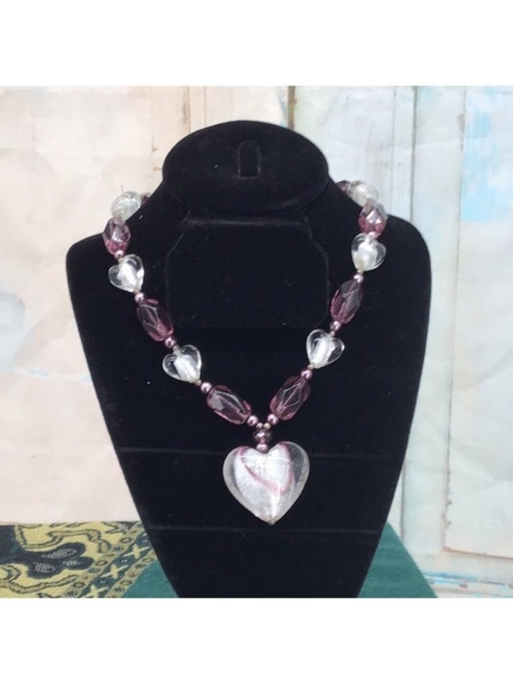 Glass Heart Pendant Necklace With Purple & Clear Beads Heart Lobster Clasp